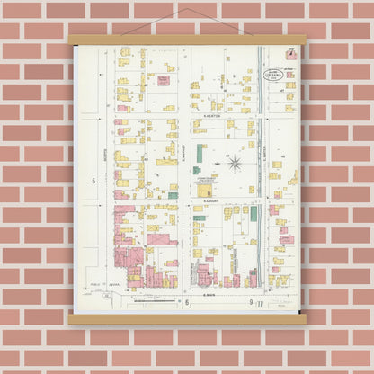Old map wall art mockup — magnetic wood frame on brick wall — Sanborn Fire Insurance Map from Urbana, Champaign County, Ohio (1901), Sheet #0007