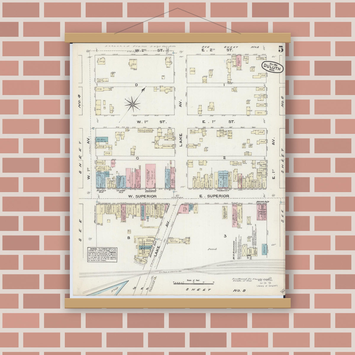 Old map wall art mockup — magnetic wood frame on brick wall — Sanborn Fire Insurance Map from Duluth, Saint Louis County, Minnesota (1884), Sheet #0005