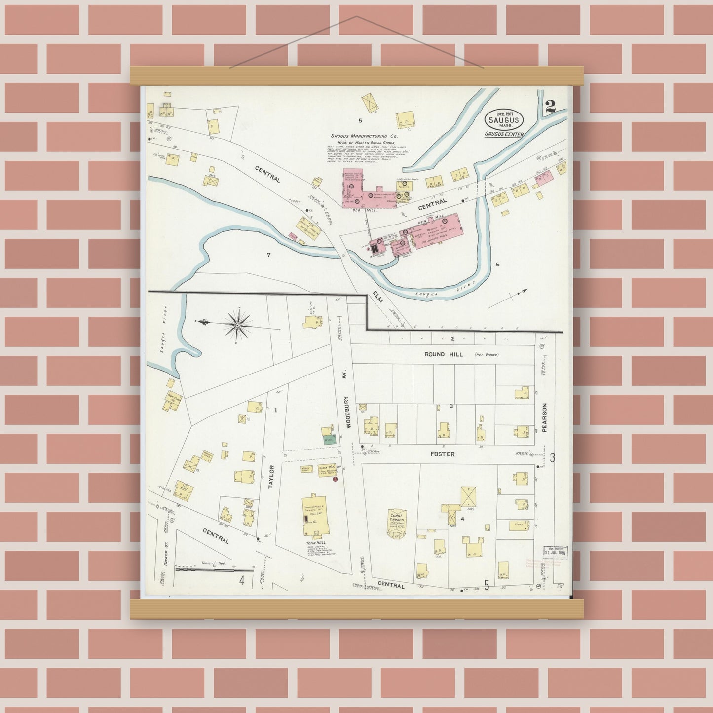 Old map wall art mockup — magnetic wood frame on brick wall — Sanborn Fire Insurance Map from Saugus, Essex County, Massachusetts (1907), Sheet #0002