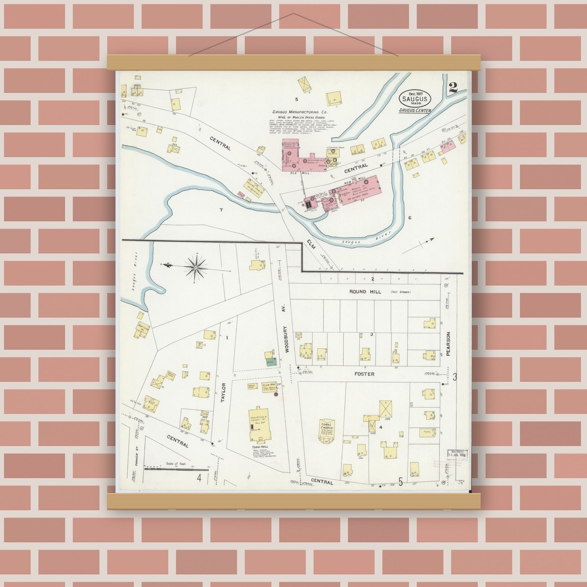 Old map wall art mockup — magnetic wood frame on brick wall — Sanborn Fire Insurance Map from Saugus, Essex County, Massachusetts (1907), Sheet #0002