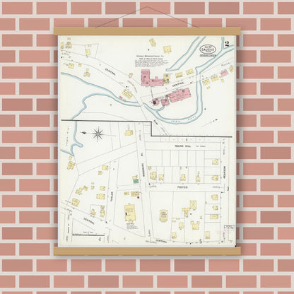 Old map wall art mockup — magnetic wood frame on brick wall — Sanborn Fire Insurance Map from Saugus, Essex County, Massachusetts (1907), Sheet #0002