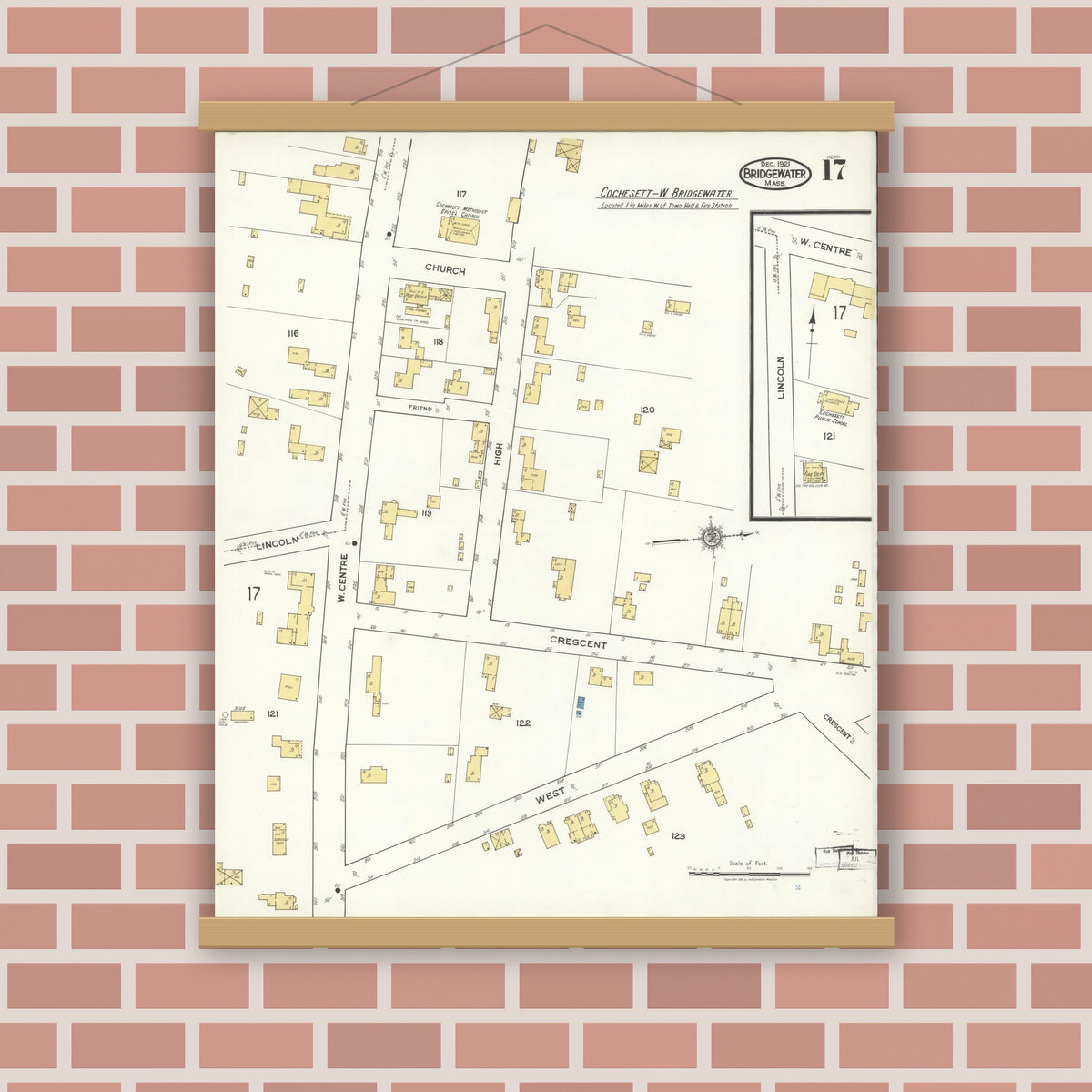 Old map wall art mockup — magnetic wood frame on brick wall — Sanborn Fire Insurance Map from Bridgewater, Plymouth County, Massachusetts (1921), Sheet #0017