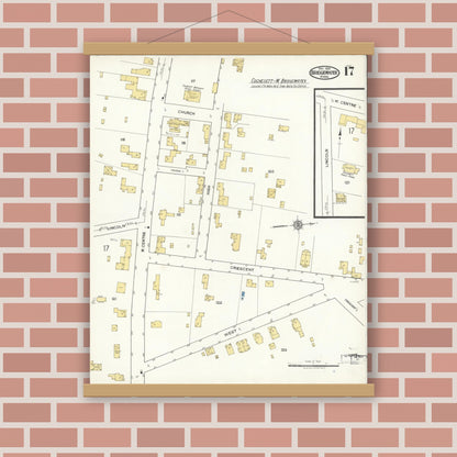 Old map wall art mockup — magnetic wood frame on brick wall — Sanborn Fire Insurance Map from Bridgewater, Plymouth County, Massachusetts (1921), Sheet #0017