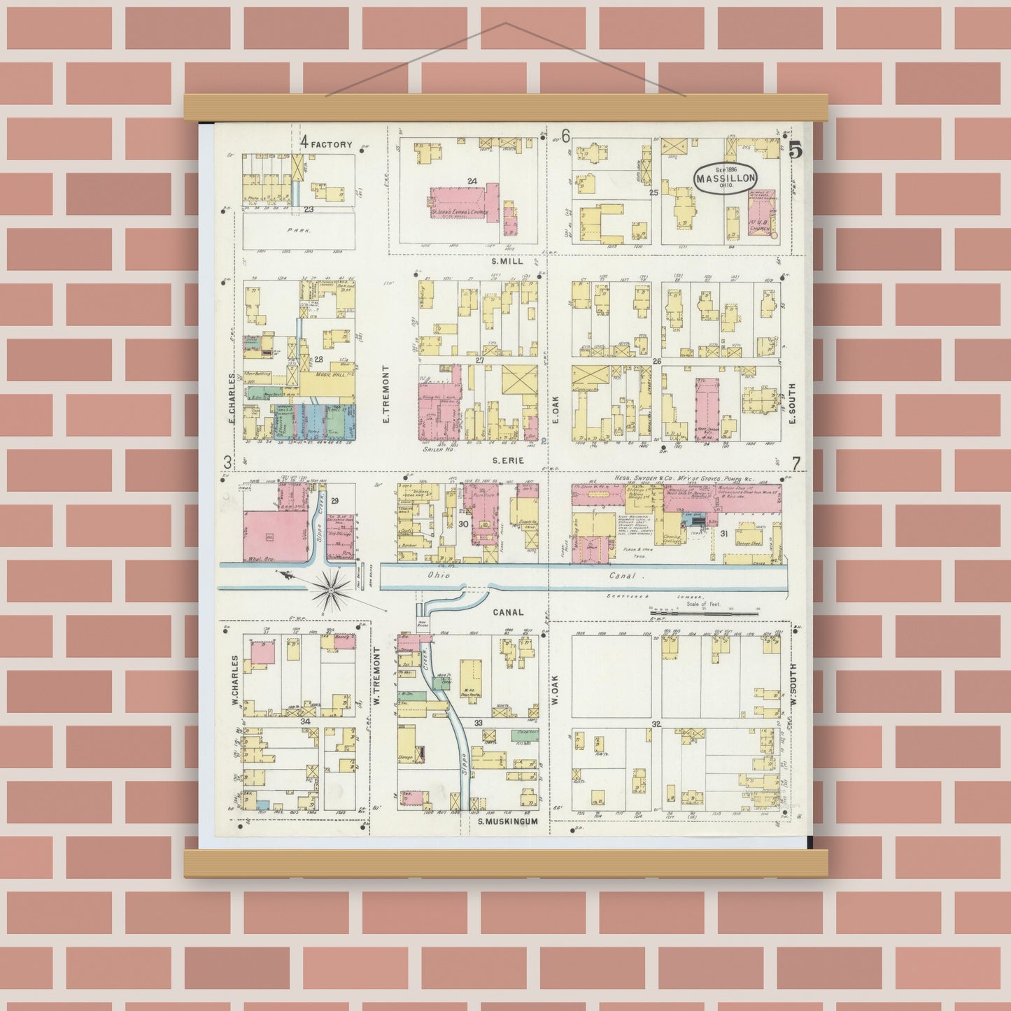 Old map wall art mockup — magnetic wood frame on brick wall — Sanborn Fire Insurance Map from Massillon, Stark County, Ohio (1896), Sheet #0005