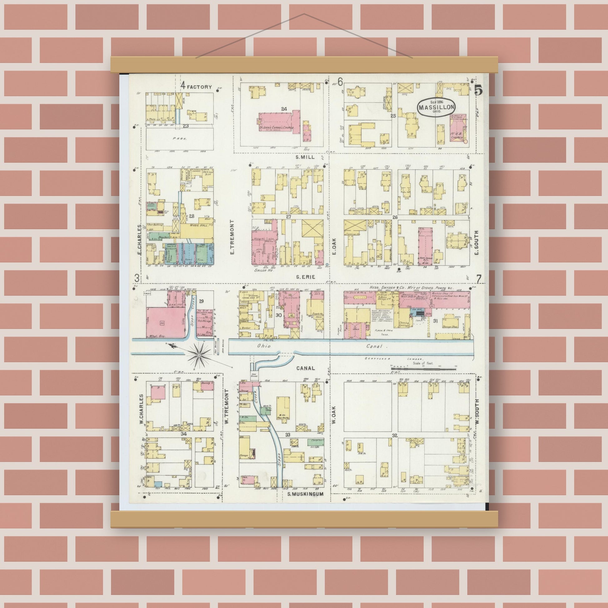 Old map wall art mockup — magnetic wood frame on brick wall — Sanborn Fire Insurance Map from Massillon, Stark County, Ohio (1896), Sheet #0005