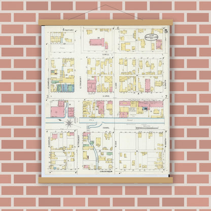 Old map wall art mockup — magnetic wood frame on brick wall — Sanborn Fire Insurance Map from Massillon, Stark County, Ohio (1896), Sheet #0005