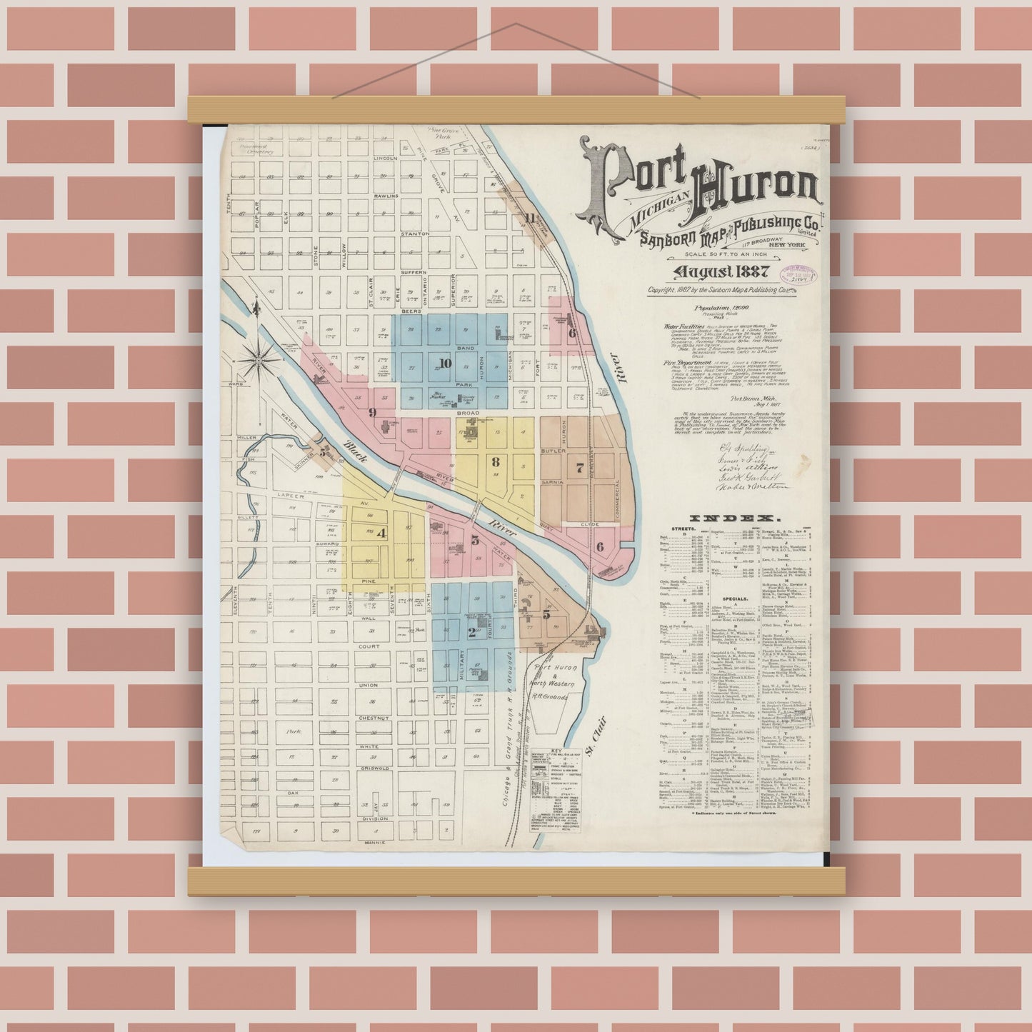 Old map wall art mockup — magnetic wood frame on brick wall — Sanborn Fire Insurance Map from Port Huron, Saint Clair County, Michigan (1887) - Complete Map Set