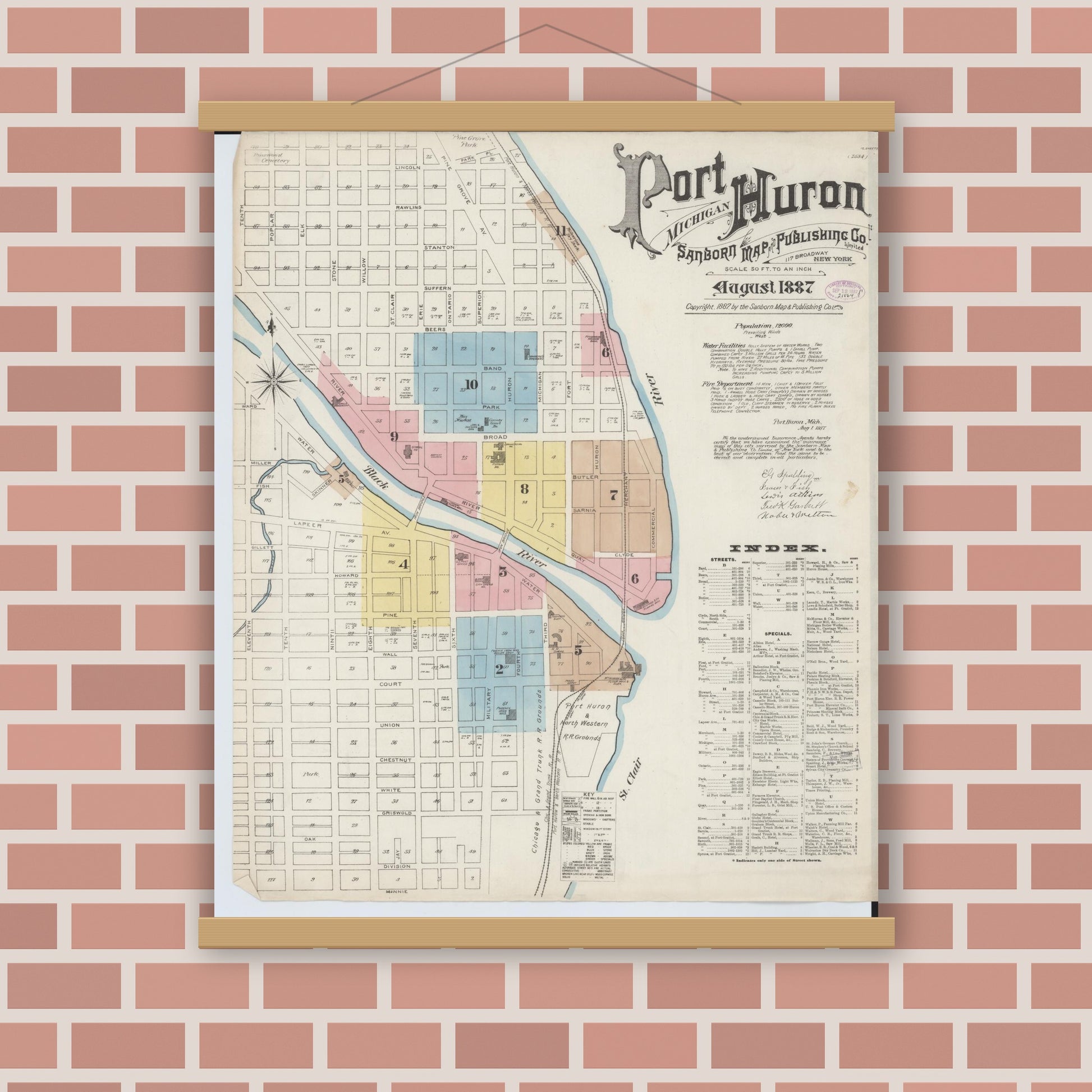 Old map wall art mockup — magnetic wood frame on brick wall — Sanborn Fire Insurance Map from Port Huron, Saint Clair County, Michigan (1887) - Complete Map Set