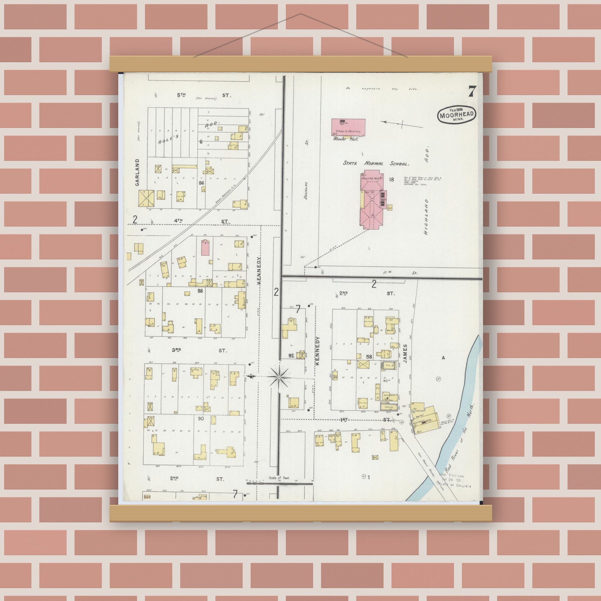 Old map wall art mockup — magnetic wood frame on brick wall — Sanborn Fire Insurance Map from Moorhead, Clay County, Minnesota (1896), Sheet #0007