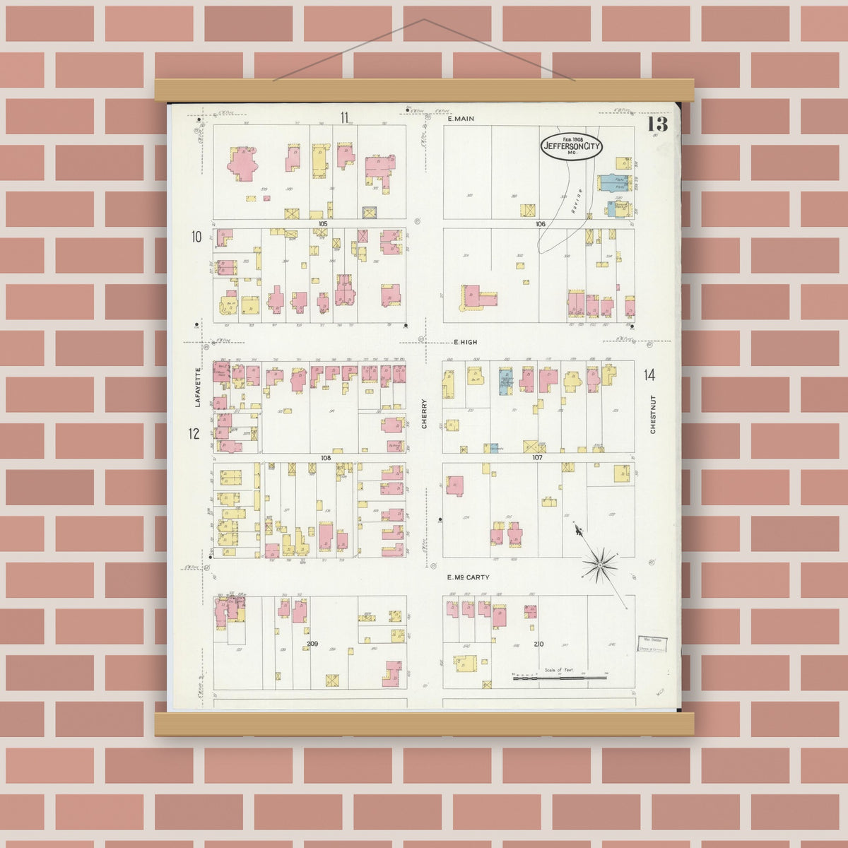 Old map wall art mockup — magnetic wood frame on brick wall — Sanborn Fire Insurance Map from Jefferson City, Cole County, Missouri (1908), Sheet #0013