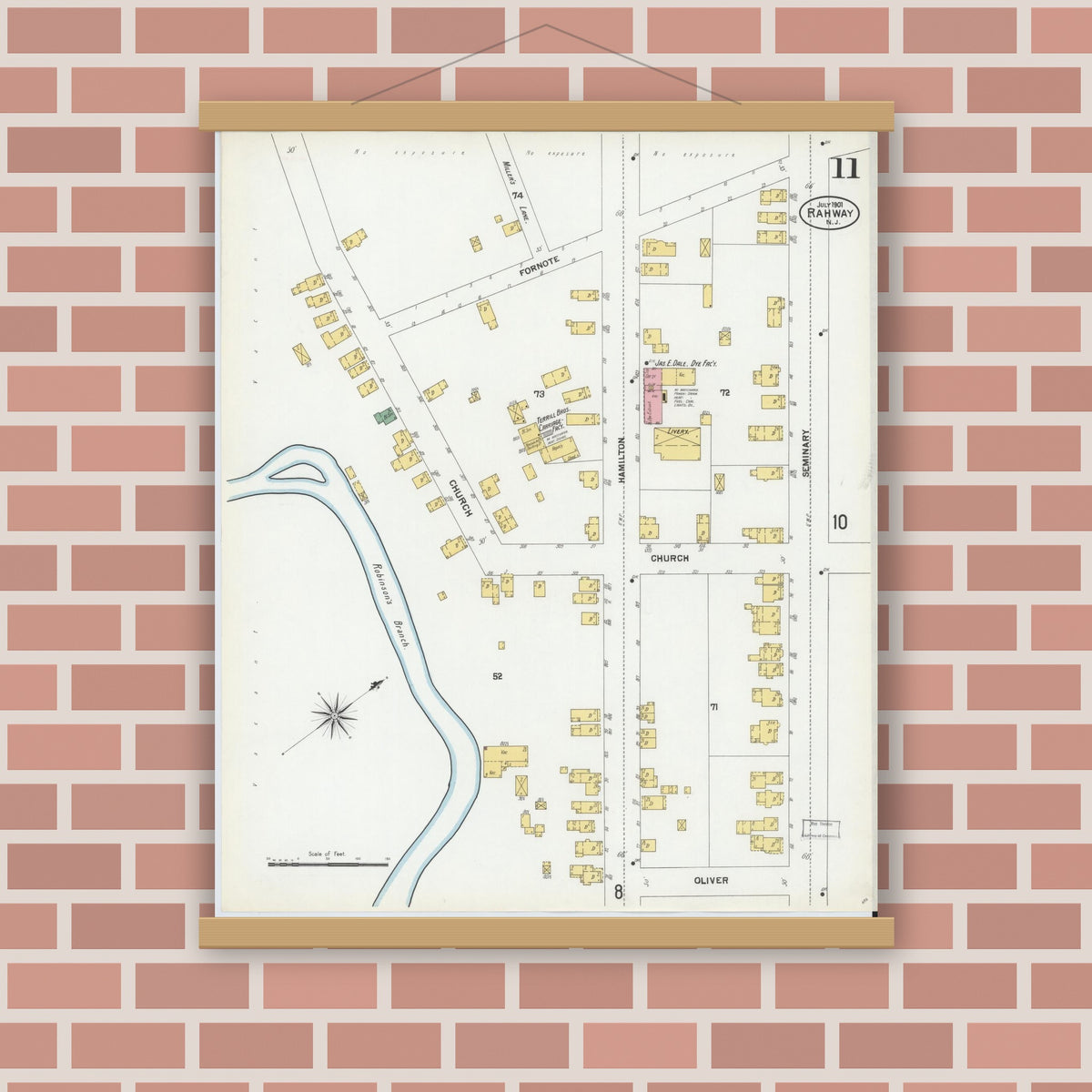Old map wall art mockup — magnetic wood frame on brick wall — Sanborn Fire Insurance Map from Rahway, Union County, New Jersey (1901), Sheet #0011