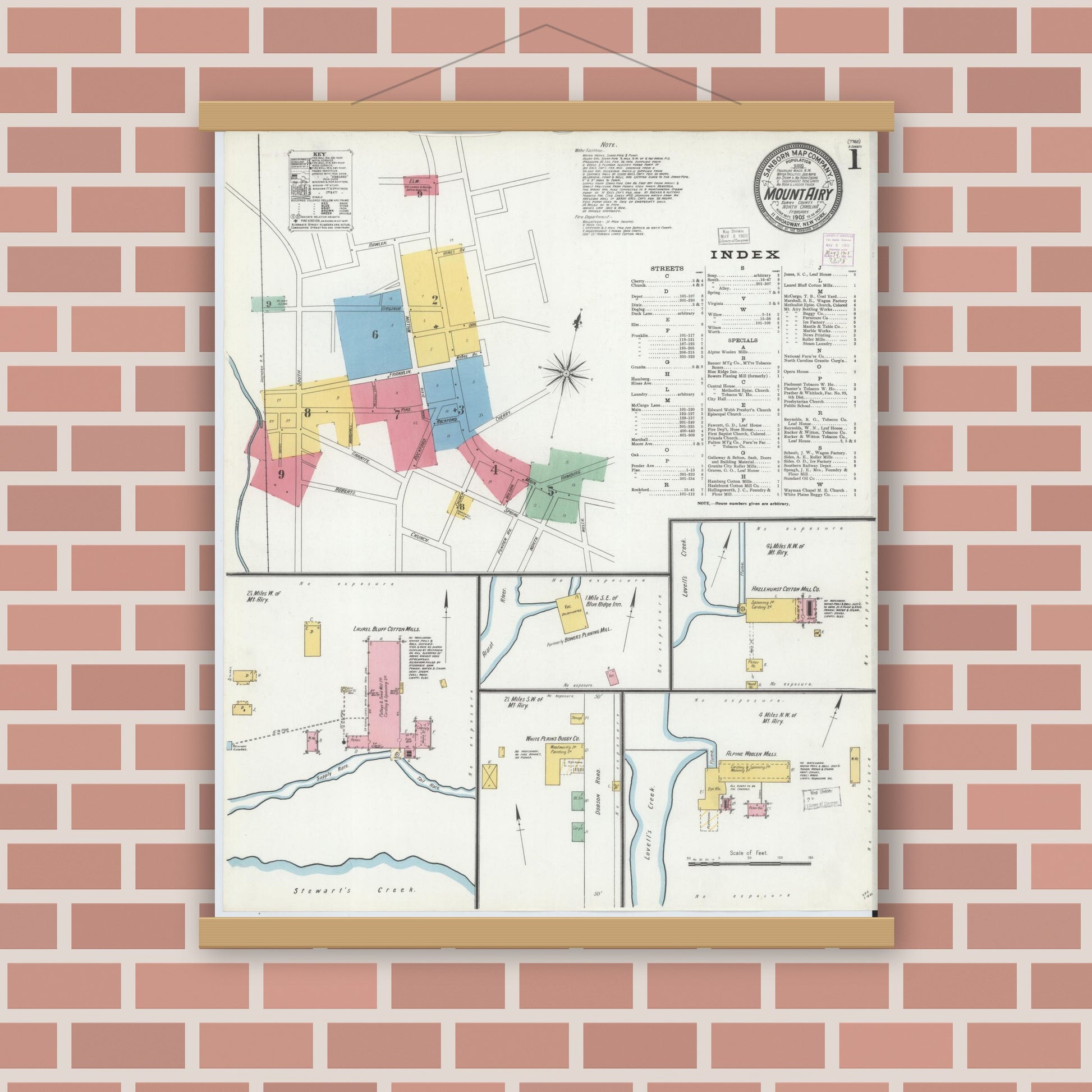 Old map wall art mockup — magnetic wood frame on brick wall — Sanborn Fire Insurance Map from Mount Airy, Surry County, North Carolina (1905) - Complete Map Set