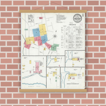 Old map wall art mockup — magnetic wood frame on brick wall — Sanborn Fire Insurance Map from Mount Airy, Surry County, North Carolina (1905) - Complete Map Set