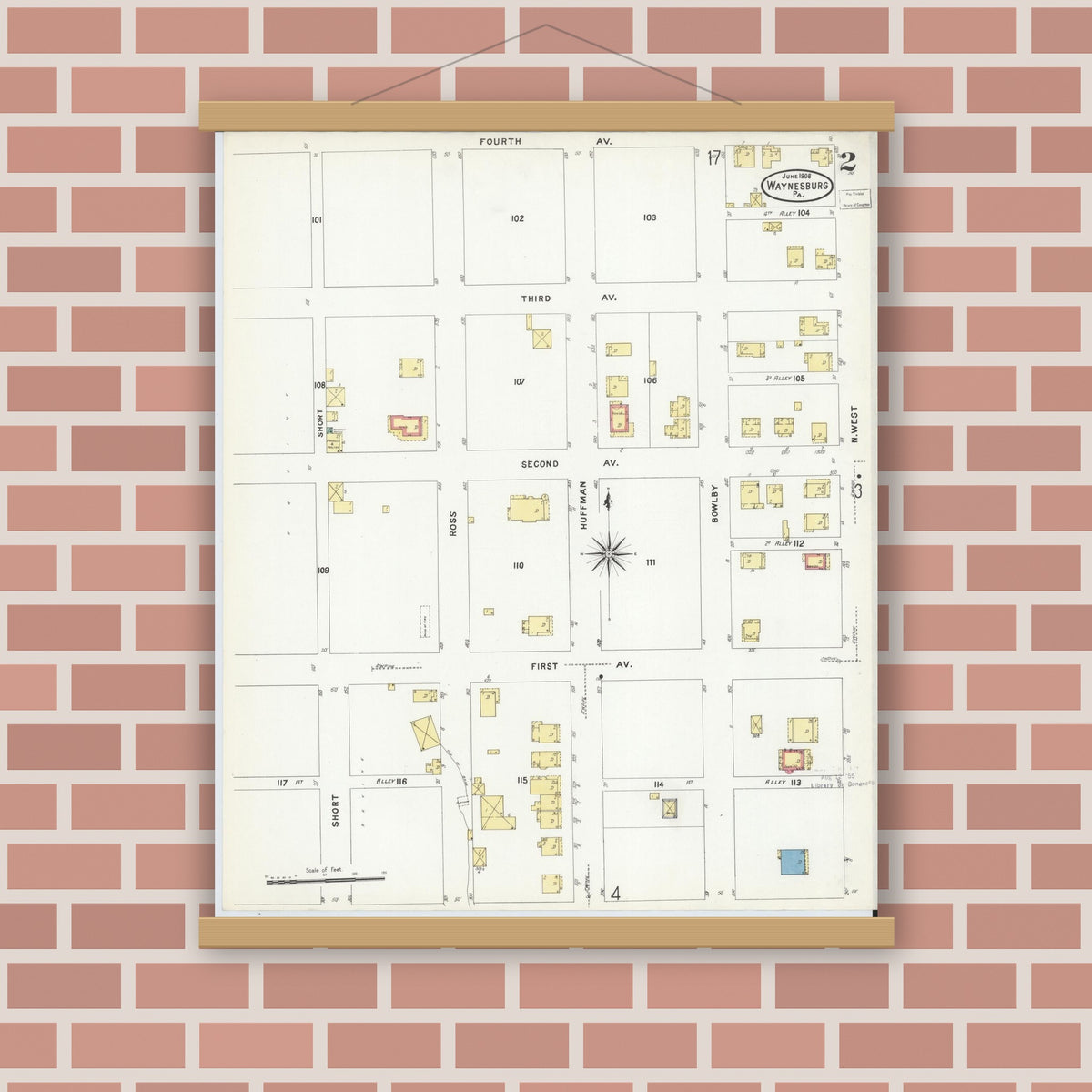 Old map wall art mockup — magnetic wood frame on brick wall — Sanborn Fire Insurance Map from Waynesburg, Greene County, Pennsylvania (1908), Sheet #0002
