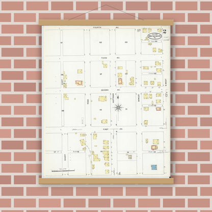 Old map wall art mockup — magnetic wood frame on brick wall — Sanborn Fire Insurance Map from Waynesburg, Greene County, Pennsylvania (1908), Sheet #0002