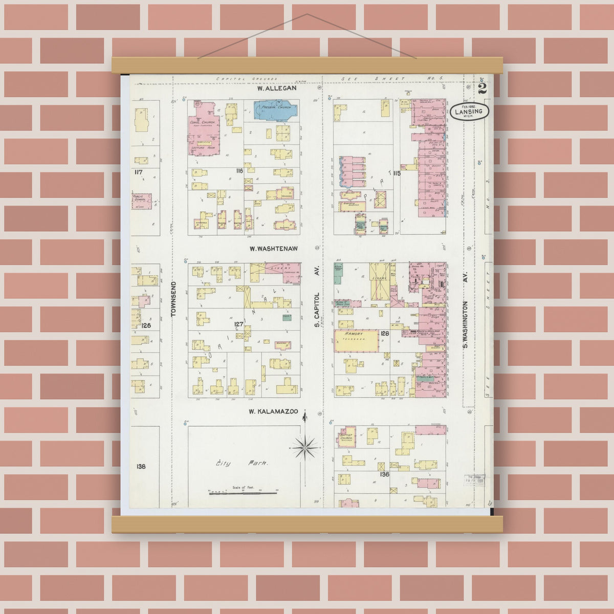 Old map wall art mockup — magnetic wood frame on brick wall — Sanborn Fire Insurance Map from Lansing, Ingham County, Michigan (1892), Sheet #0002