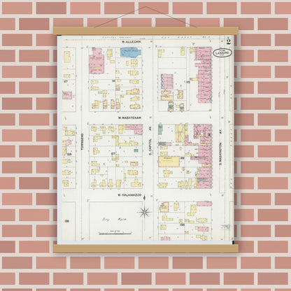 Old map wall art mockup — magnetic wood frame on brick wall — Sanborn Fire Insurance Map from Lansing, Ingham County, Michigan (1892), Sheet #0002
