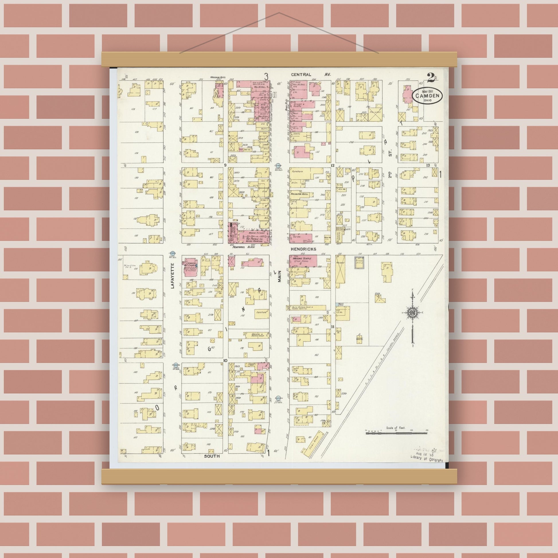 Old map wall art mockup — magnetic wood frame on brick wall — Sanborn Fire Insurance Map from Camden, Preble County, Ohio (1911), Sheet #0002
