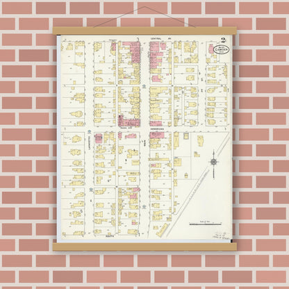 Old map wall art mockup — magnetic wood frame on brick wall — Sanborn Fire Insurance Map from Camden, Preble County, Ohio (1911), Sheet #0002