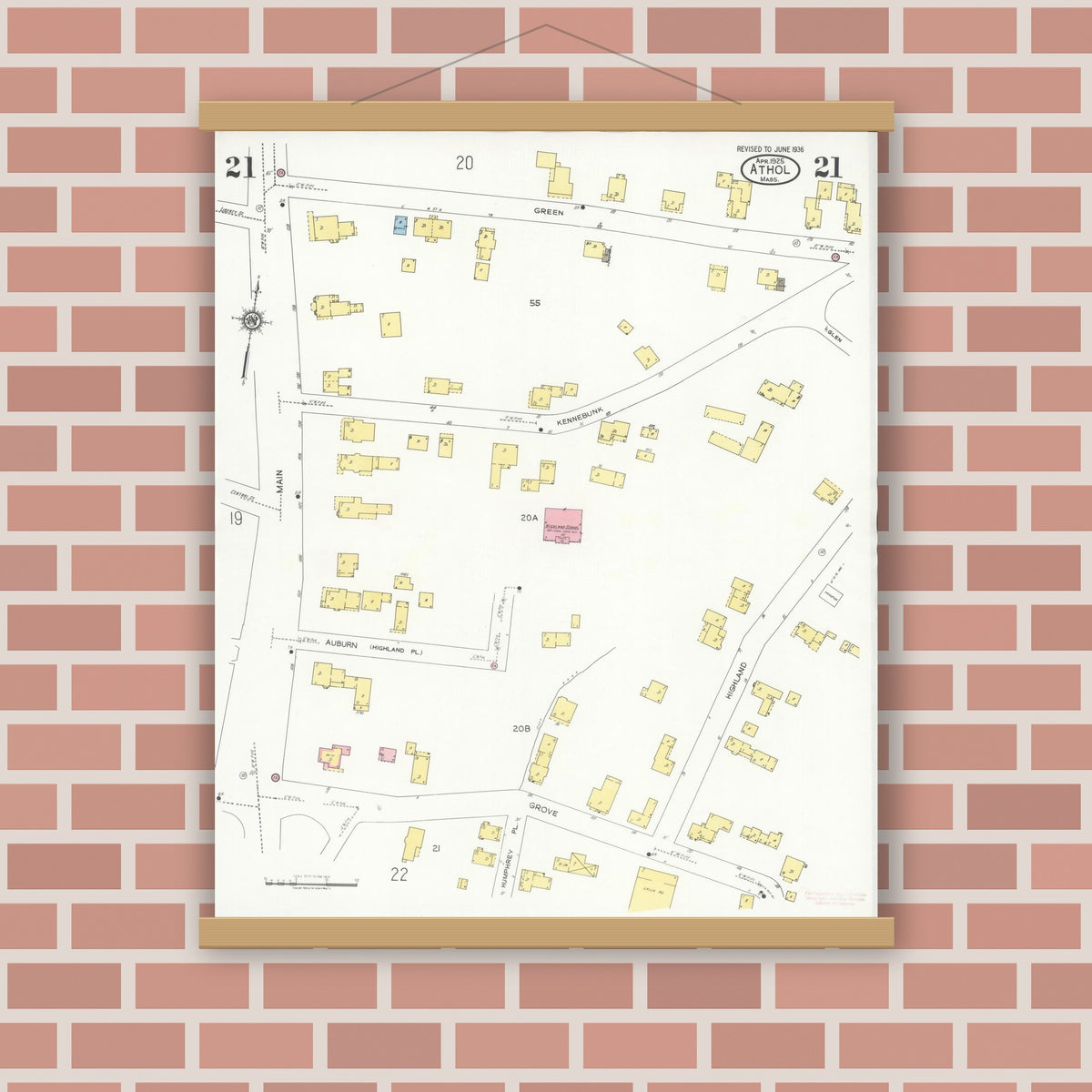 Old map wall art mockup — magnetic wood frame on brick wall — Sanborn Fire Insurance Map from Athol, Worcester County, Massachusetts (1936), Sheet #0021