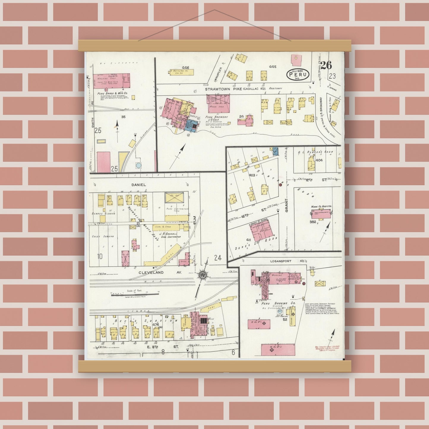 Old map wall art mockup — magnetic wood frame on brick wall — Sanborn Fire Insurance Map from Peru, Miami County, Indiana (1920), Sheet #0026