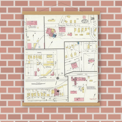 Old map wall art mockup — magnetic wood frame on brick wall — Sanborn Fire Insurance Map from Peru, Miami County, Indiana (1920), Sheet #0026