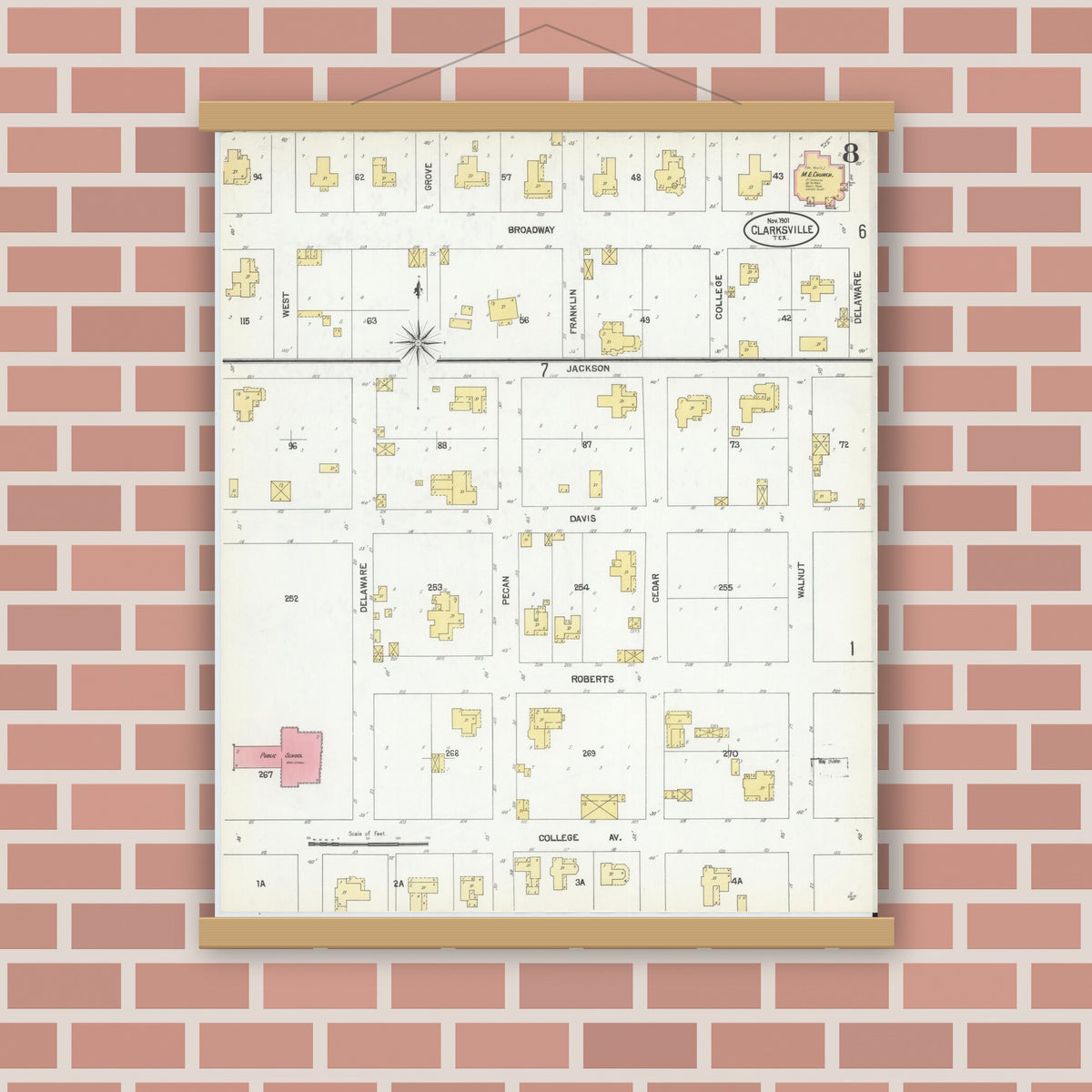 Old map wall art mockup — magnetic wood frame on brick wall — Sanborn Fire Insurance Map from Clarksville, Red River County, Texas (1901), Sheet #0008