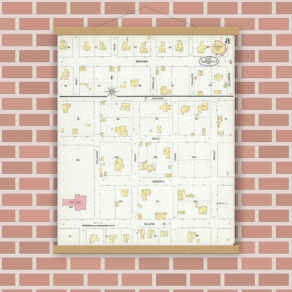Old map wall art mockup — magnetic wood frame on brick wall — Sanborn Fire Insurance Map from Clarksville, Red River County, Texas (1901), Sheet #0008