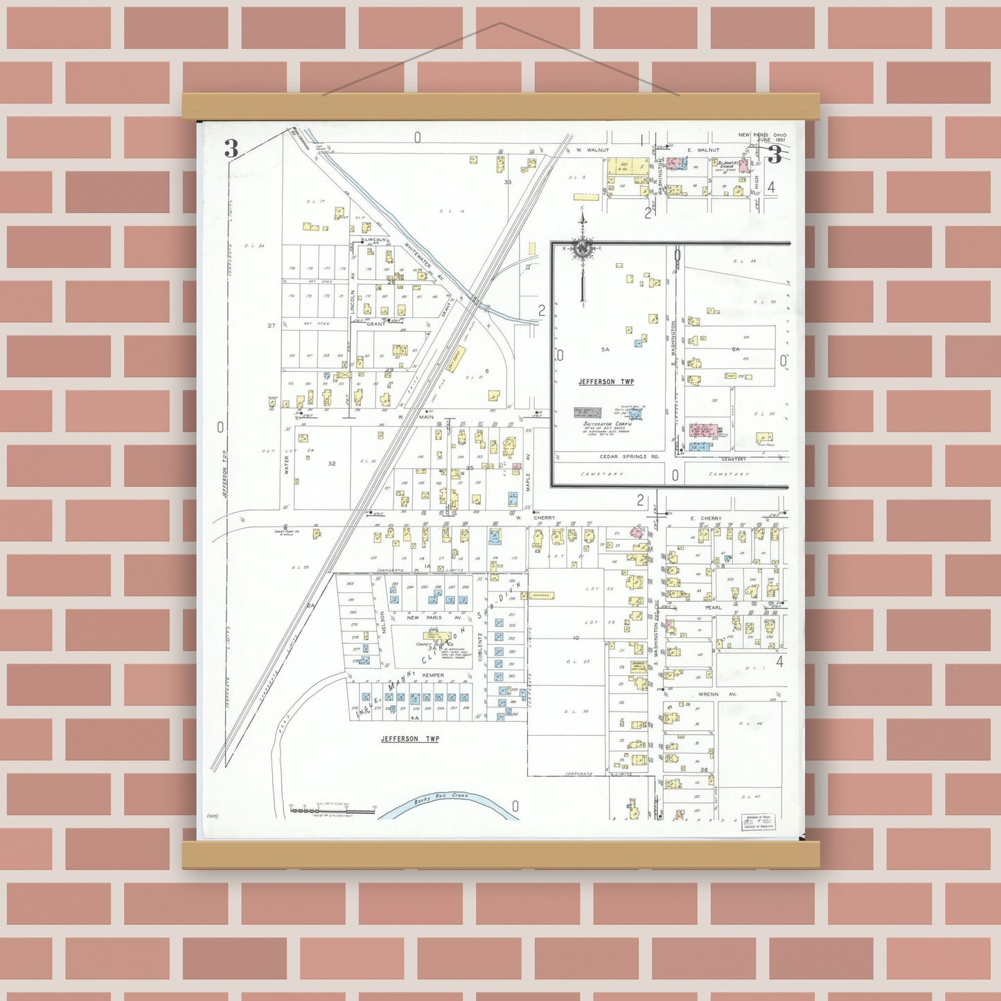 Old map wall art mockup — magnetic wood frame on brick wall — Sanborn Fire Insurance Map from New Paris, Preble County, Ohio (1951), Sheet #0003