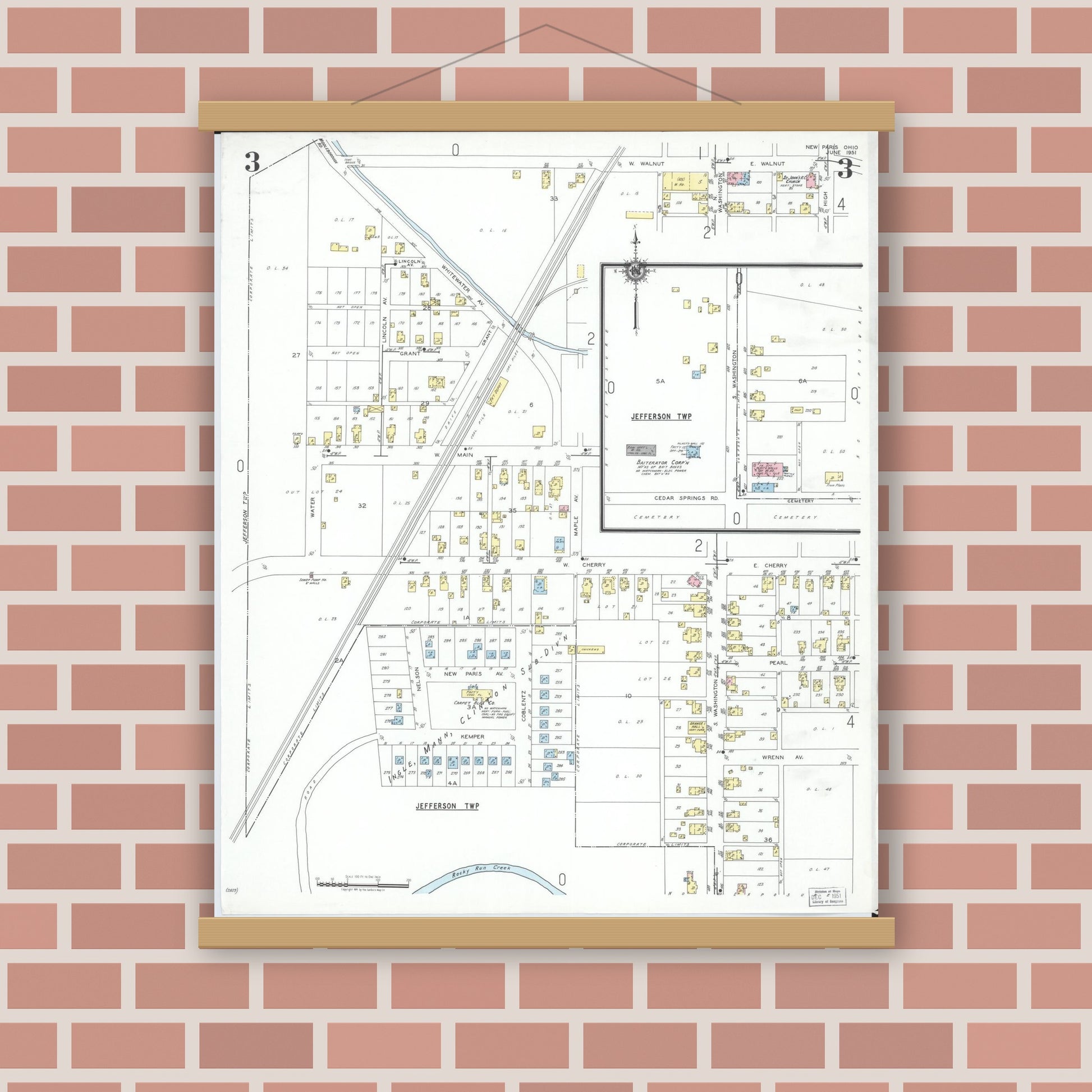 Old map wall art mockup — magnetic wood frame on brick wall — Sanborn Fire Insurance Map from New Paris, Preble County, Ohio (1951), Sheet #0003