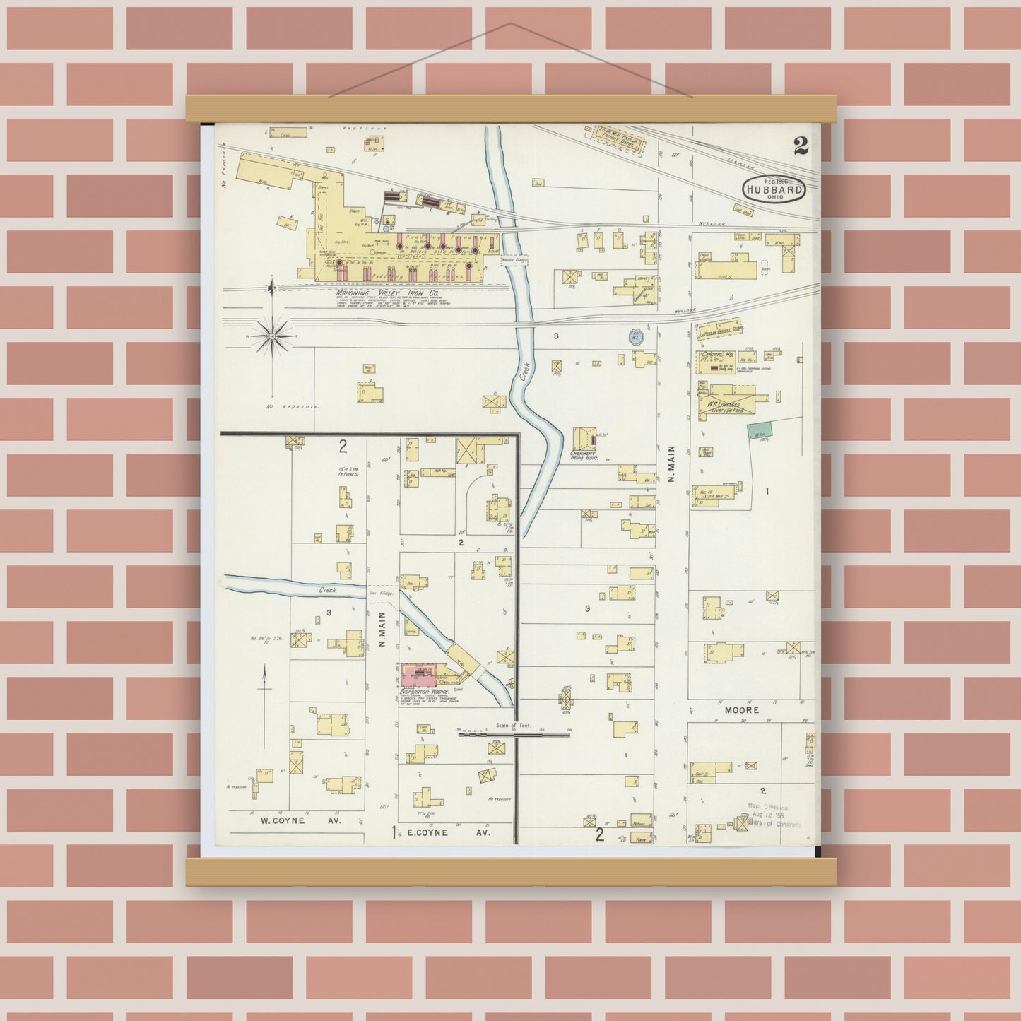 Old map wall art mockup — magnetic wood frame on brick wall — Sanborn Fire Insurance Map from Hubbard, Trumbull County, Ohio (1896), Sheet #0002
