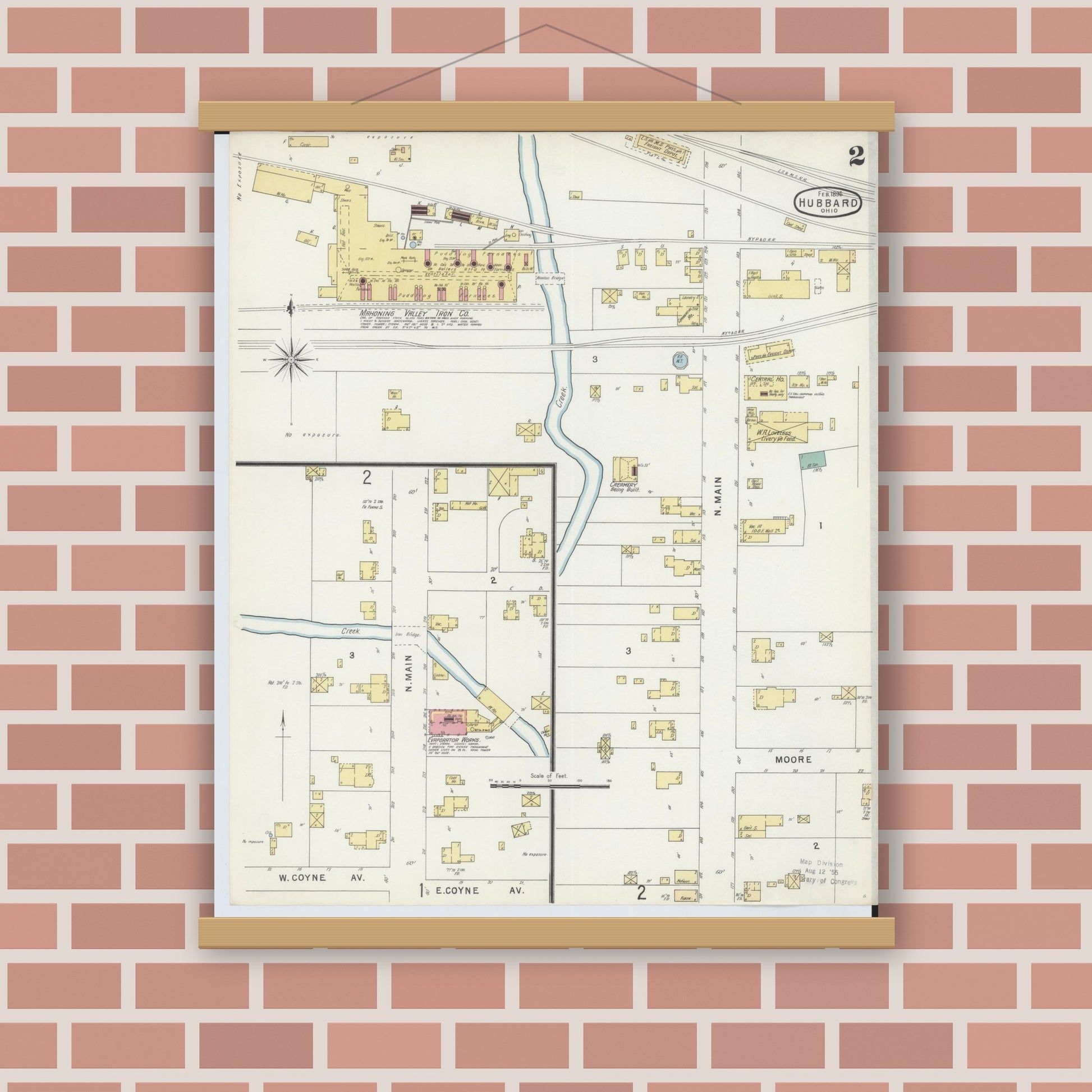 Old map wall art mockup — magnetic wood frame on brick wall — Sanborn Fire Insurance Map from Hubbard, Trumbull County, Ohio (1896), Sheet #0002
