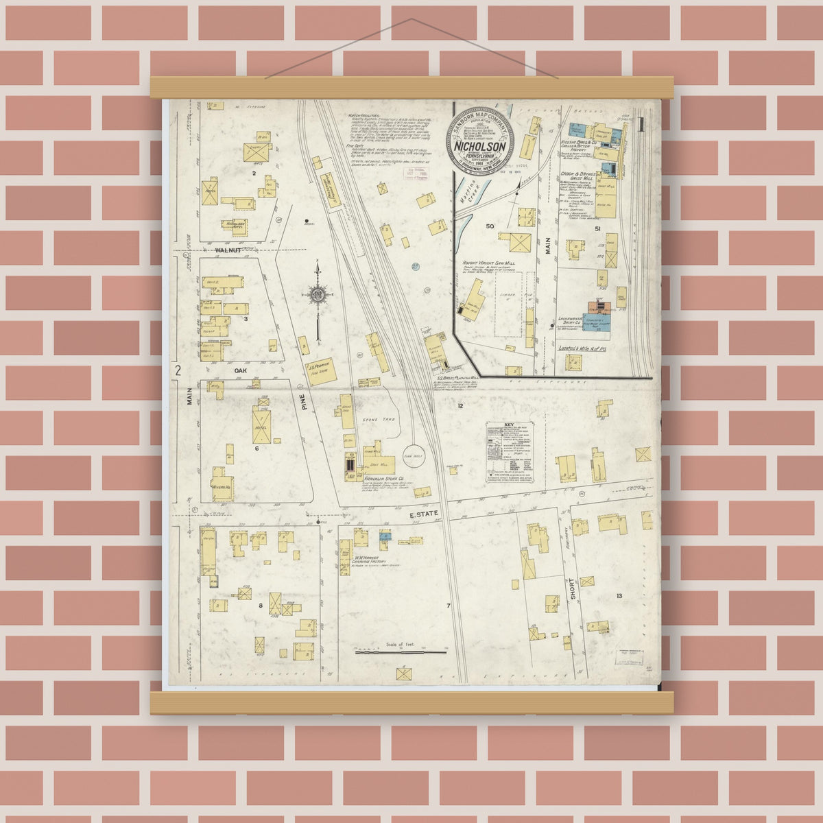 Old map wall art mockup — magnetic wood frame on brick wall — Sanborn Fire Insurance Map from Nicholson, Wyoming County, Pennsylvania (1911) - Complete Map Set