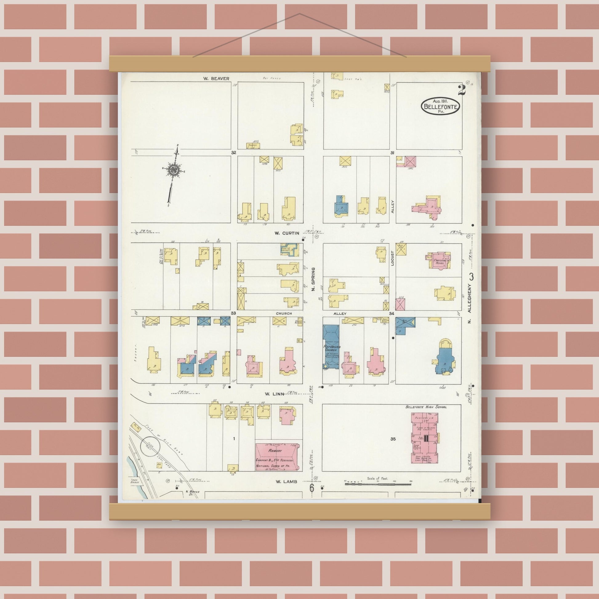 Old map wall art mockup — magnetic wood frame on brick wall — Sanborn Fire Insurance Map from Bellefonte, Centre County, Pennsylvania (1911), Sheet #0002