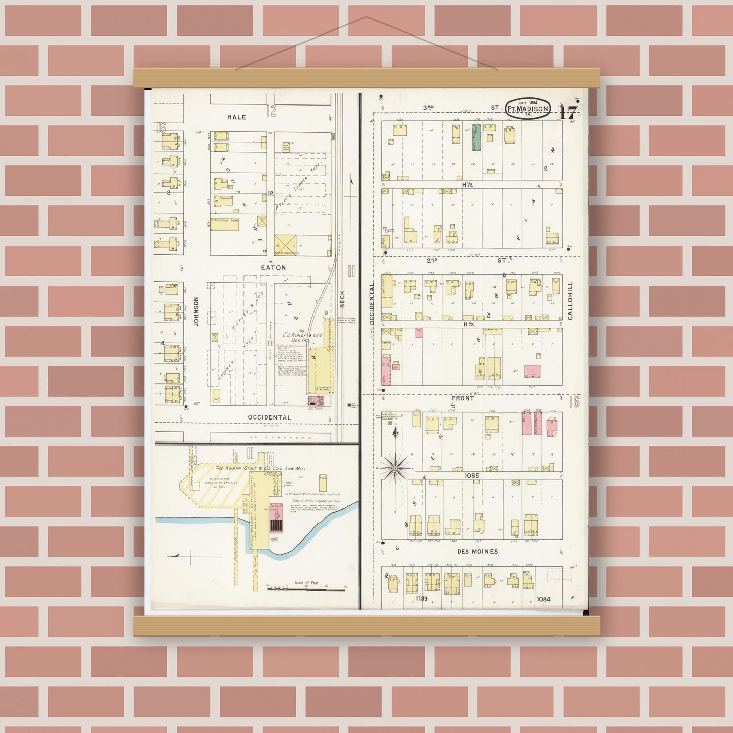 Old map wall art mockup — magnetic wood frame on brick wall — Sanborn Fire Insurance Map from Fort Madison, Lee County, Iowa (1894), Sheet #0017