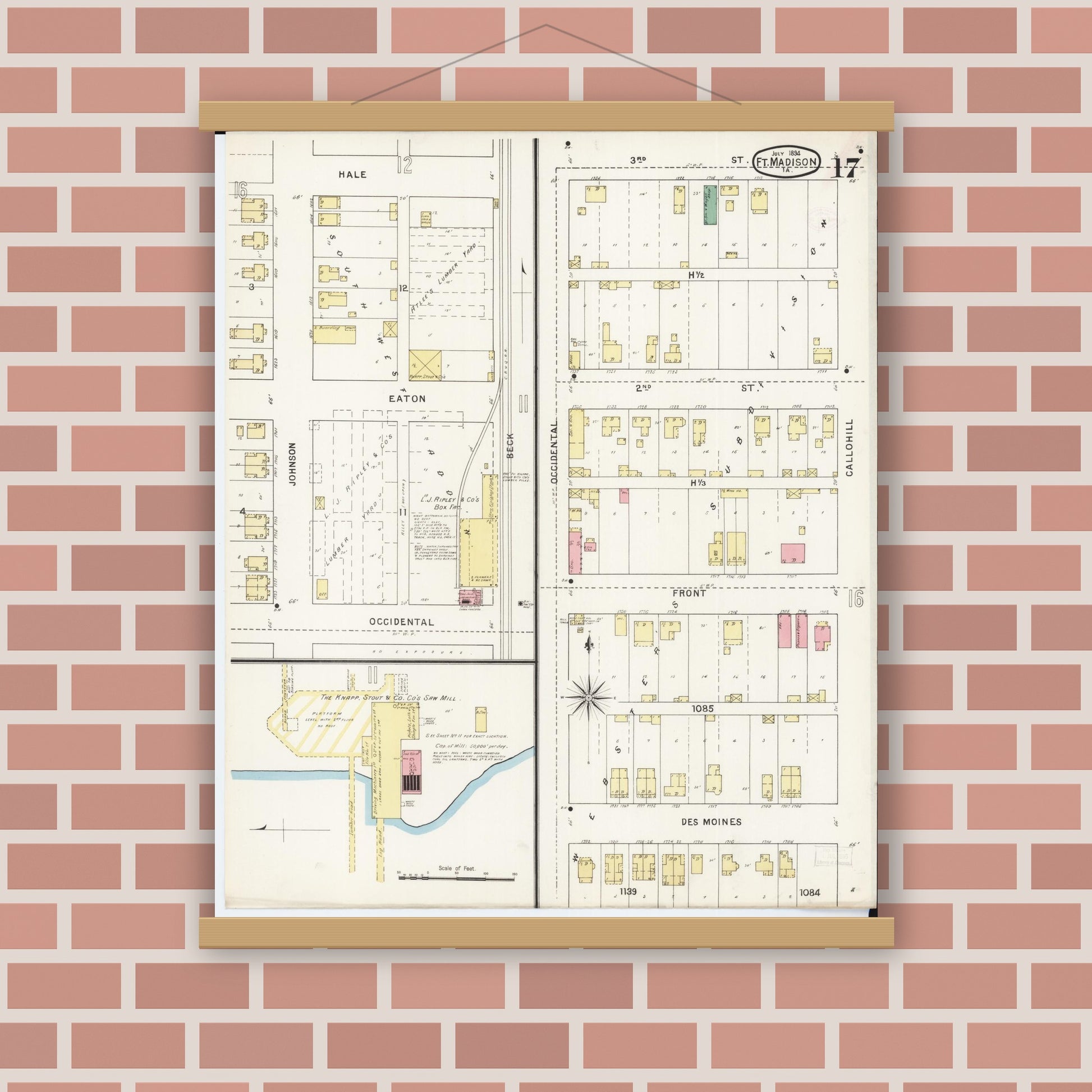 Old map wall art mockup — magnetic wood frame on brick wall — Sanborn Fire Insurance Map from Fort Madison, Lee County, Iowa (1894), Sheet #0017