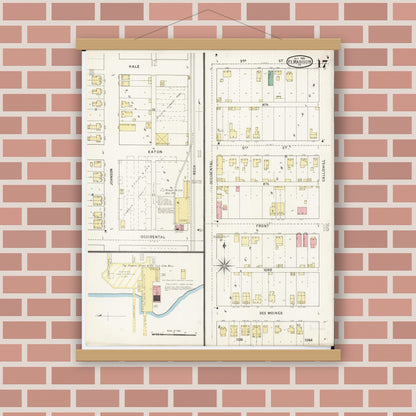 Old map wall art mockup — magnetic wood frame on brick wall — Sanborn Fire Insurance Map from Fort Madison, Lee County, Iowa (1894), Sheet #0017