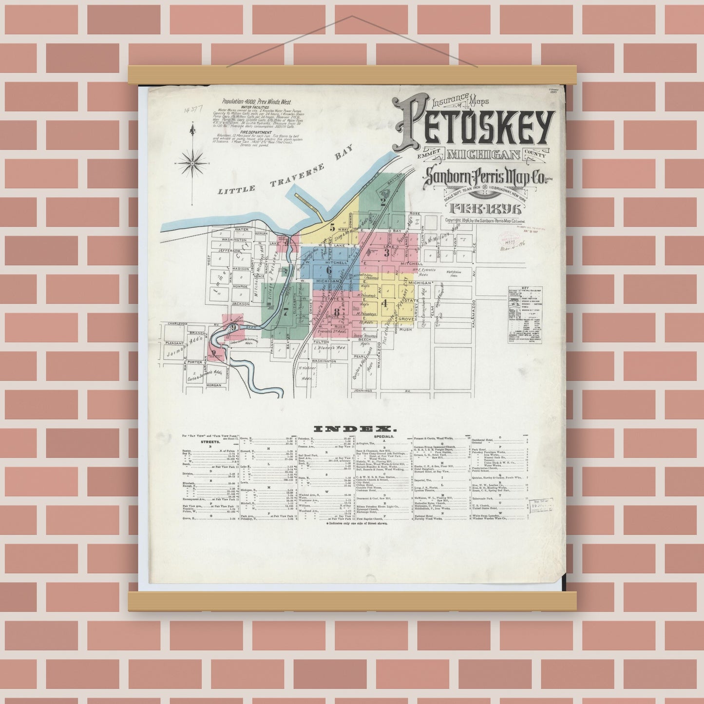 Old map wall art mockup — magnetic wood frame on brick wall — Sanborn Fire Insurance Map from Petoskey, Emmet County, Michigan (1896) - Complete Map Set