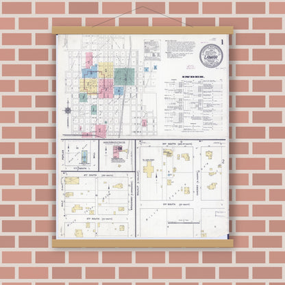Old map wall art mockup — magnetic wood frame on brick wall — Sanborn Fire Insurance Map from Lamar, Barton County, Missouri (1910), Sheet #0001