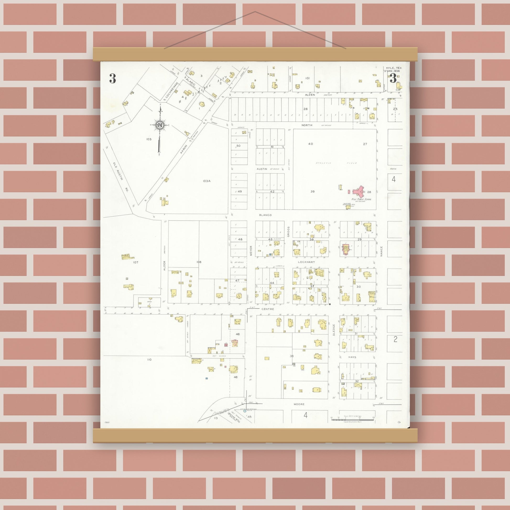 Old map wall art mockup — magnetic wood frame on brick wall — Sanborn Fire Insurance Map from Kyle, Hays County, Texas (1936), Sheet #0003
