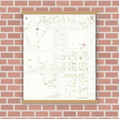 Old map wall art mockup — magnetic wood frame on brick wall — Sanborn Fire Insurance Map from Kyle, Hays County, Texas (1936), Sheet #0003