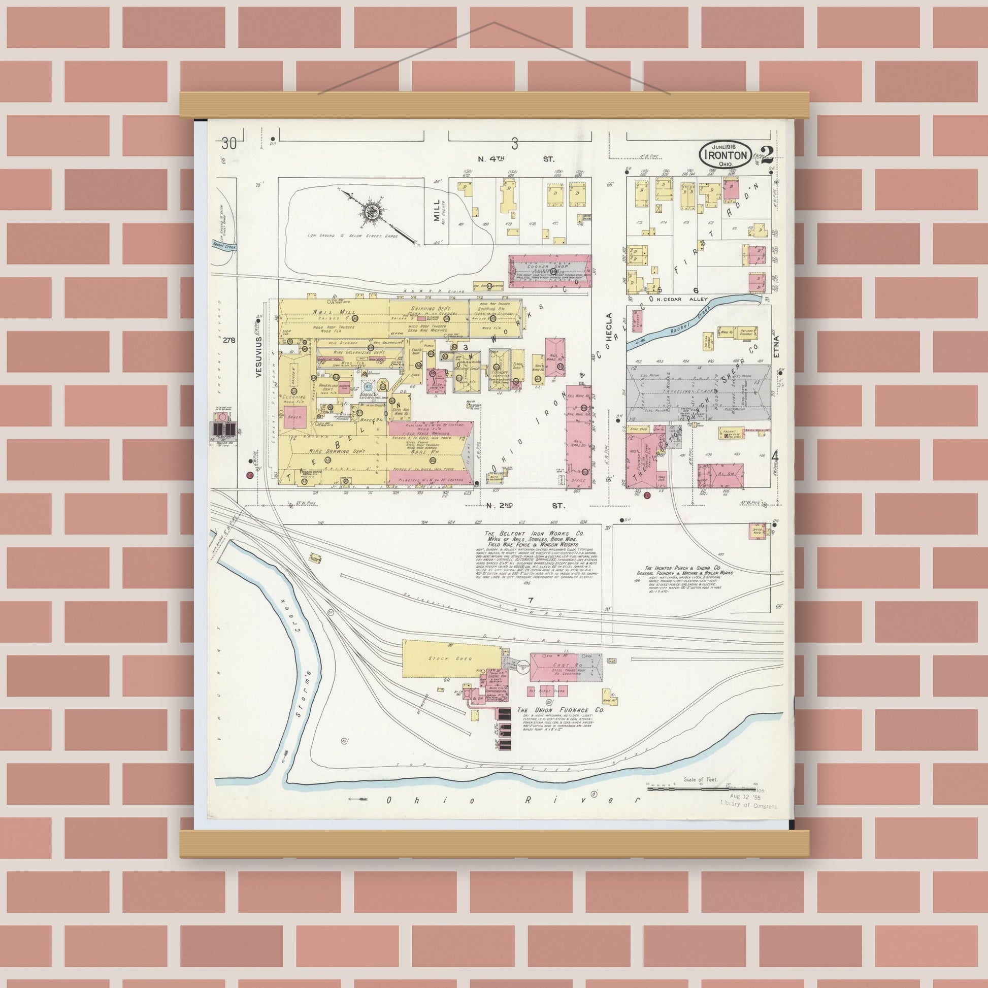 Old map wall art mockup — magnetic wood frame on brick wall — Sanborn Fire Insurance Map from Ironton, Lawrence County, Ohio (1916), Sheet #0002