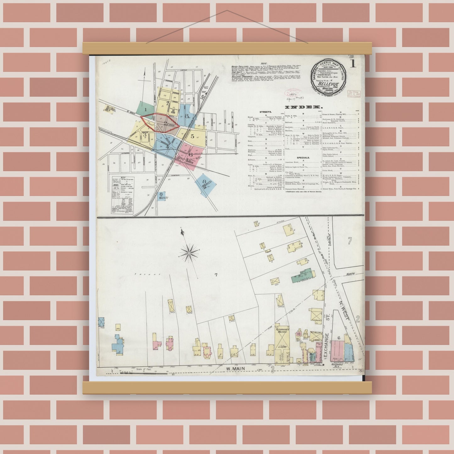 Old map wall art mockup — magnetic wood frame on brick wall — Sanborn Fire Insurance Map from Bellevue, Huron And Sandusky County, Ohio (1893), Sheet #0001