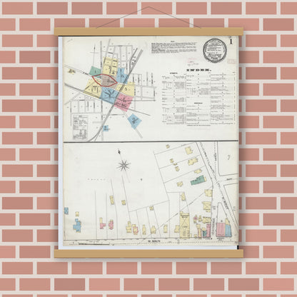 Old map wall art mockup — magnetic wood frame on brick wall — Sanborn Fire Insurance Map from Bellevue, Huron And Sandusky County, Ohio (1893), Sheet #0001