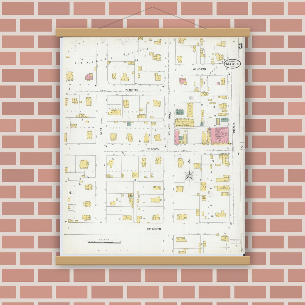 Old map wall art mockup — magnetic wood frame on brick wall — Sanborn Fire Insurance Map from Maroa, Macon County, Illinois (1901), Sheet #0003