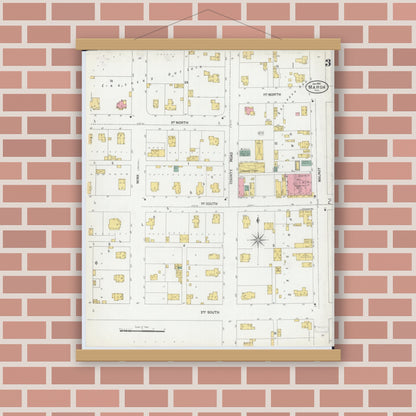 Old map wall art mockup — magnetic wood frame on brick wall — Sanborn Fire Insurance Map from Maroa, Macon County, Illinois (1901), Sheet #0003