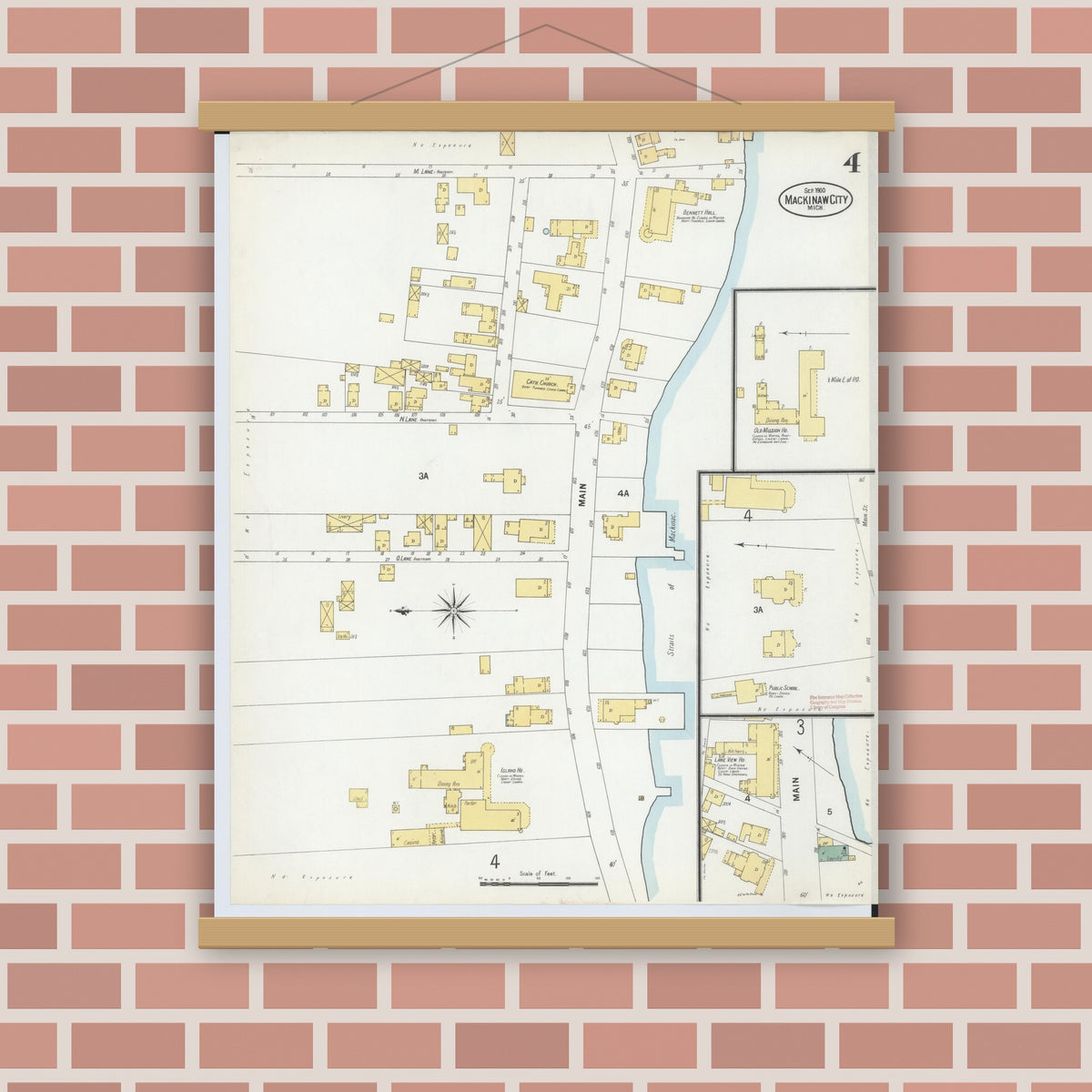 Old map wall art mockup — magnetic wood frame on brick wall — Sanborn Fire Insurance Map from Mackinaw City, Cheboygan County, Michigan (1900), Sheet #0004