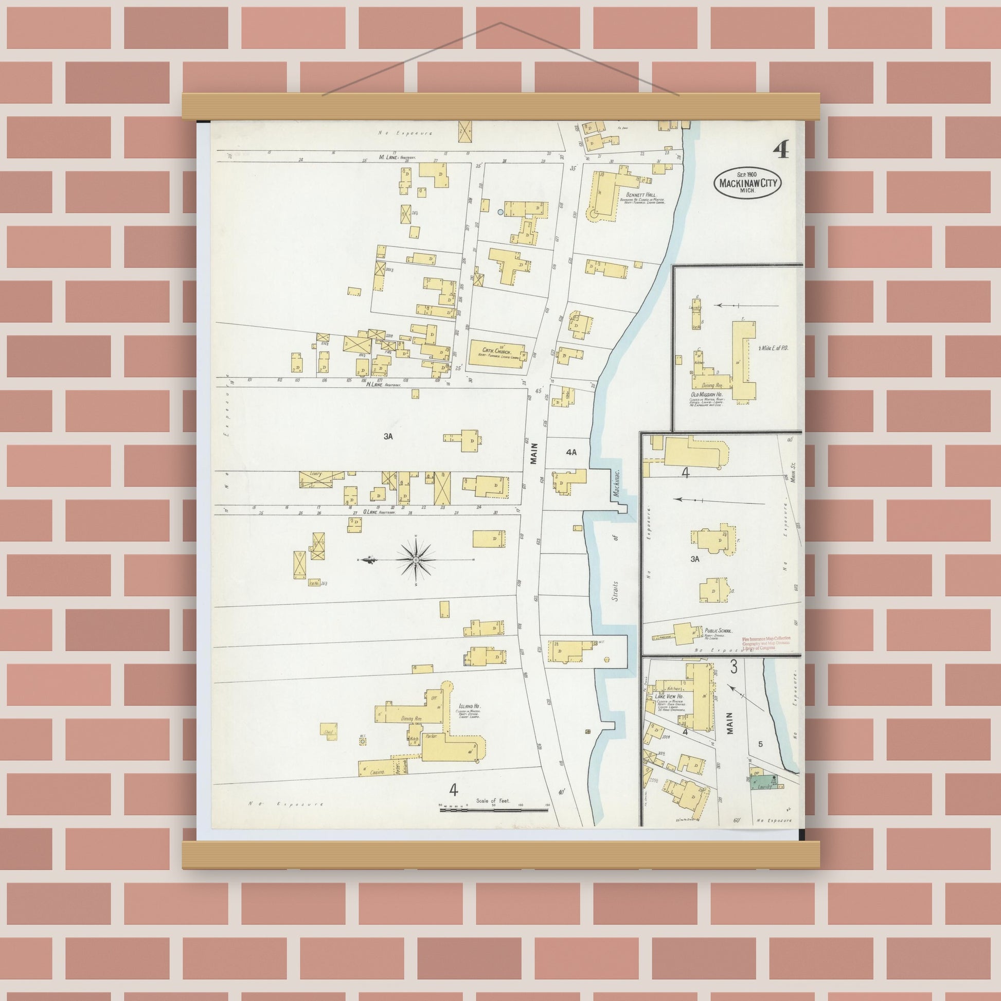Old map wall art mockup — magnetic wood frame on brick wall — Sanborn Fire Insurance Map from Mackinaw City, Cheboygan County, Michigan (1900), Sheet #0004