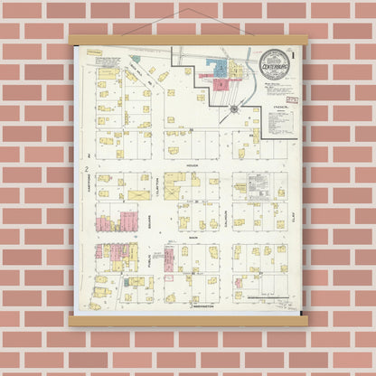 Old map wall art mockup — magnetic wood frame on brick wall — Sanborn Fire Insurance Map from Centerburg, Knox County, Ohio (1909), Sheet #0001