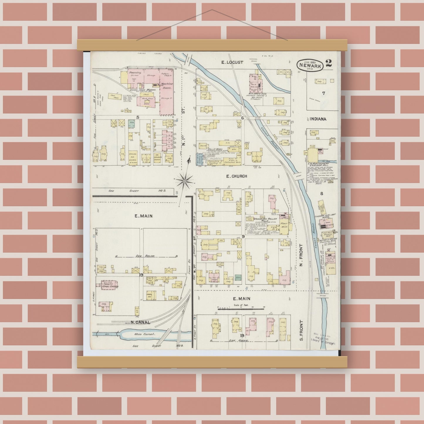 Old map wall art mockup — magnetic wood frame on brick wall — Sanborn Fire Insurance Map from Newark, Licking County, Ohio (1889), Sheet #0002